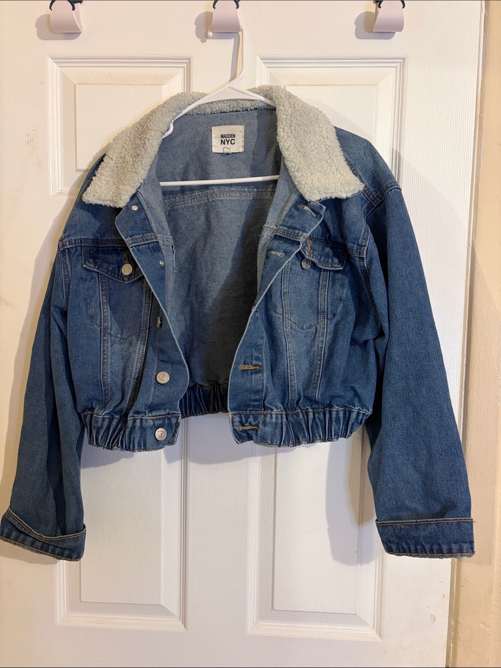 Steve Madden Blue Denim Jean Jacket with Cream Sherpa Collar